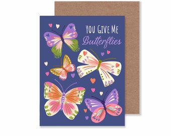 Carte d'amour de tous les jours You Give Me Butterflies / 4,25 x 5,5 po. Carte de correspondance papillon pervenche / Carte de voeux vierge