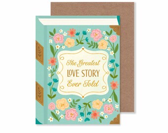 Greatest Love Story Ever Told Notecard/ 4.25" X 5.5" Floral Wedding Anniversary Card/ Mock Book Cover Love Stationery/ Engagement Card