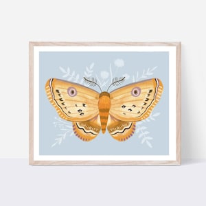 Gold and Periwinkle 8 X 10 Moth Art Print/ Floral Woodland Butterfly Illustration/ Moth Butterfly Botanicals Wall Decor
