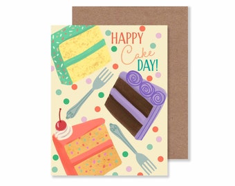 Carte de correspondance Happy Cake Day/ 4,25 x 5,5 po. Tranches de gâteau colorées carte de voeux d'anniversaire/ gâteau et confettis papeterie vierge