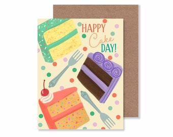 Happy Cake Day Notecard/ 4.25" X 5.5"  Colorful Cake Slices Birthday Greeting Card/ Cake and Confetti Blank Stationery