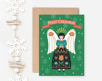 Folk Art Christmas Angel Notecard/ 4.25" X 5.5" Scandinavian Style Christmas Greeting Card/ Holiday Stationery Single Card or Set of 8