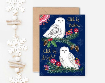 Snowy Owl Holiday Notecard/ All Is Calm Forest Scenery Christmas Card/ Winter Woodland Illustrated Greeting Cards/ Single Card or Set of 8