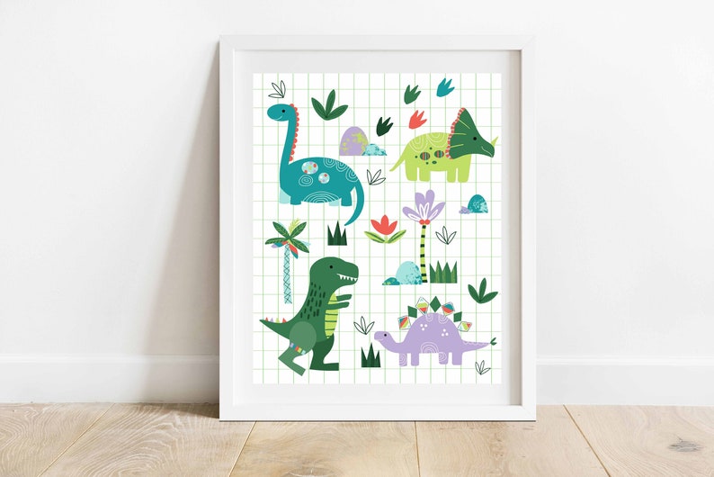 Cute and Colorful Kids Room Dinosaur Print/ 8 X 10 Prehistoric Jungle Illustration/ Gender Neutral Science Decor/ Animal Nursery Art image 1