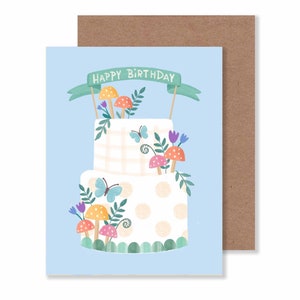 Carte d'anniversaire champignon printemps / carte de gâteau d'anniversaire bois 4,25 x 5,5 po. / papeterie joyeux anniversaire