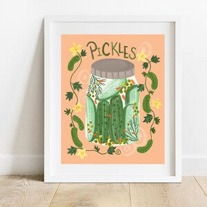 Pickles In Jar 8 X 10 Art Print/ Pickled Cucumber Kitchen Wall Art/ Farmers Market Aesthetic/ Quirky Food Illustration image 2