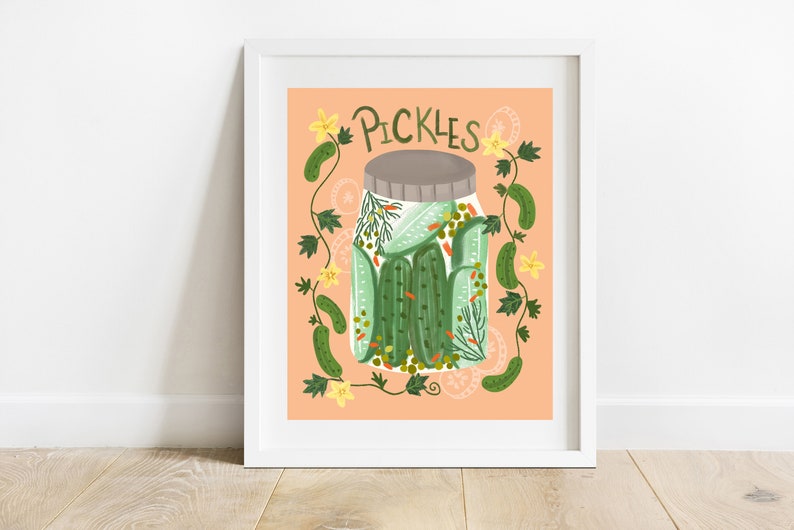 Pickles In Jar 8 X 10 Art Print/ Pickled Cucumber Kitchen Wall Art/ Farmers Market Aesthetic/ Quirky Food Illustration Blush