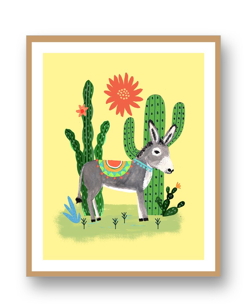 Donkey and Cactus 8x10 Art Print/ Colorful Bohemian Nursery Art/ Desert Animal Illustration/ Succulents Wall Decor/ Kids Room Decor image 2