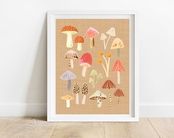 Mushroom Collage 8 X 10 Art Print/ Modern Woodland Wall Decor/ Rustic Nature Inspired Illustration/ Food Illustration Kitchen Print