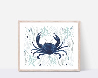 Blue Crab Watercolor Art Print/ 8 X 10 Sea Life Ocean Illustration/ Nautical Wall Art/ Beach House Decor