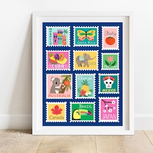International Stamps 8 X 10 Kunstdruck / Reise-Themen-Illustration / Rund um die Welt Wanddekor / Auslandsposto Wohnkultur