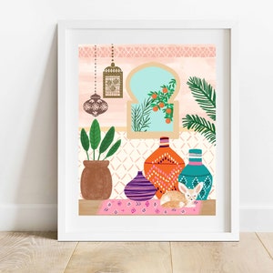 Stampa artistica di una finestra marocchina con volpe fennec/Illustrazione di viaggio boho 8 x 10/Arte murale a tema marocchino/Decorazione con piante e vasi di lana