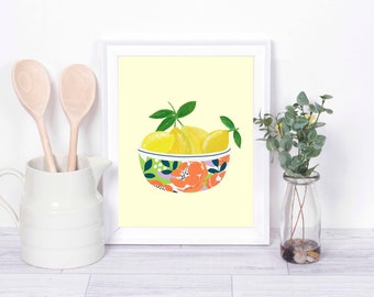 Bowl of Lemons Art Print/ 8 X 10 Minimalist Food Illustration/ Bright and Colorful Kitchen Decor/ Still Life Fruit Wall Art/