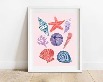 Bright and Colorful Seashells Collage 8 X 10 Art Print/ Pink Beach Themed Illustration/ Ocean Sea Life Wall Art/ Boho Tropical Home Decor