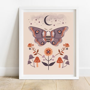 Stampa di arte popolare con falena e luna 8 x 10/ Illustrazione di foresta boschiva/ Decorazione murale con fiori e funghi/ Decorazione per la casa celeste