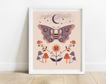 Arte popular de polilla y luna Impresión 8 X 10 / Ilustración de bosque / Flores y setas Decoración de pared / Decoración celestial del hogar