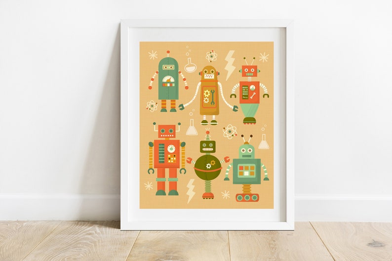 Vintage Inspired Robots 8 X 10 Art Print/ Kids Science Bedroom Illustration/ Android Collage Wall Art/ Children's Sci Fi Decor image 1