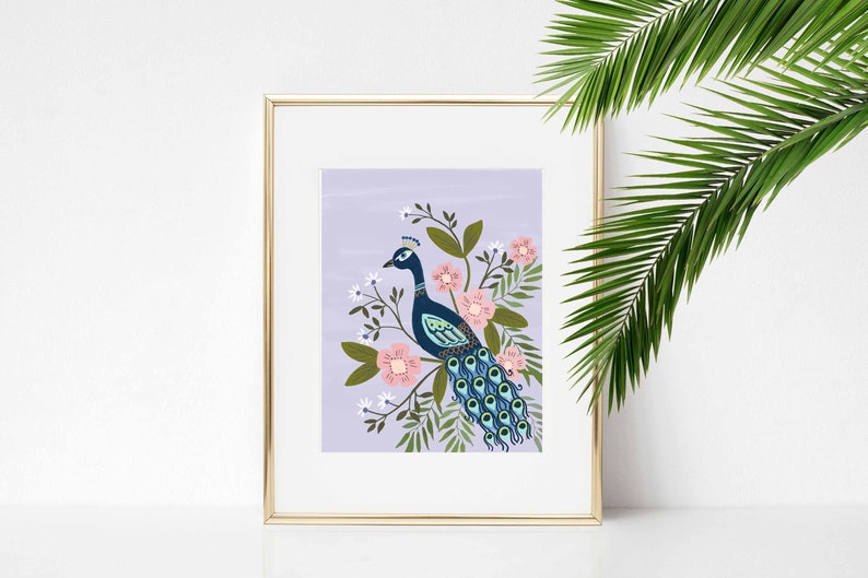 Peacock In Tree Art Print/ 8 X 10 Bird with Botanicals Illustration/ Chinoiserie Inspired Home Decor image 1