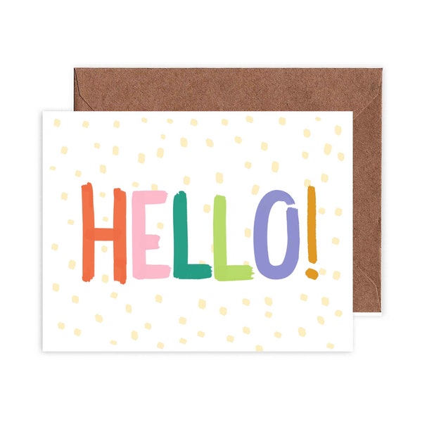 Bright and Colorful Hello Card/ 4.25" X 5.5" Rainbow Illustrated Word Notecard/ Fun Trendy Confetti Stationery Single Card or Set of 8