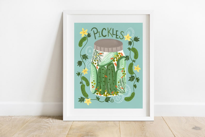 Pickles In Jar 8 X 10 Art Print/ Pickled Cucumber Kitchen Wall Art/ Farmers Market Aesthetic/ Quirky Food Illustration image 1