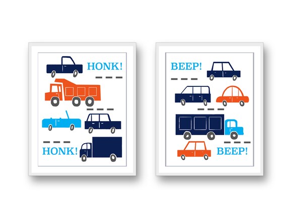 Retro Cars and Trucks Kids Room Decor Mid Century Modern Traffic Illustration Things That Go Nursery Set of 2 8 X 10 Art Prints