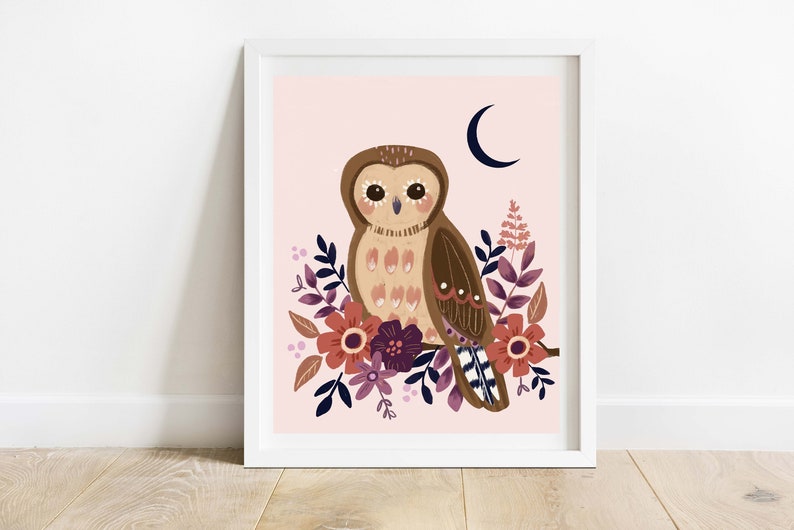 Floral Owl With Moon Art Print/ 8 X 10 Bird with Botanicals Illustration/ Modern Woodland Home Decor image 1