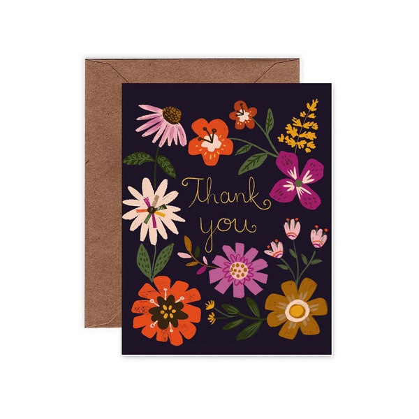 Moody Floral Thank You Card/ 4.25" X 5.5" Dark Botanical Stationery/ Illustrated Flowers Thank You Notecards/ Single Card or Set of 8