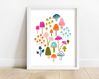 Bright and Colorful Minimalist Mushroom Print/ 8 X 10 Modern Woodland Children's Room Decor/ Forest Nursery Wall Art