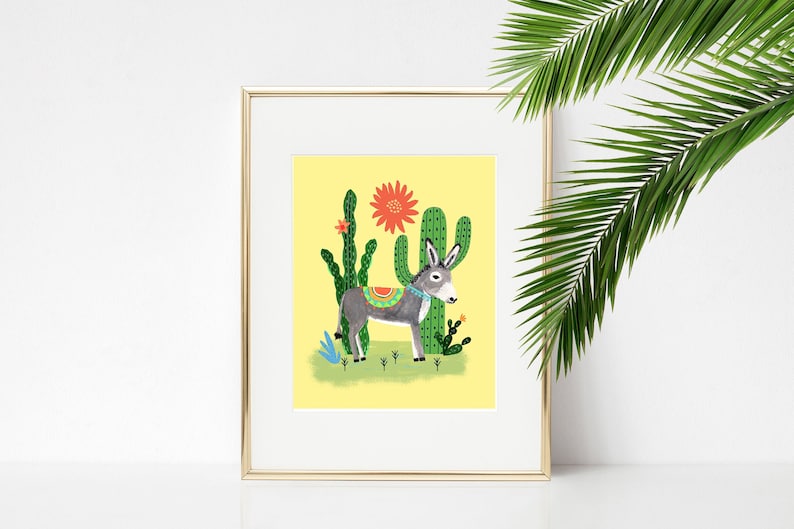 Donkey and Cactus 8x10 Art Print/ Colorful Bohemian Nursery Art/ Desert Animal Illustration/ Succulents Wall Decor/ Kids Room Decor image 1