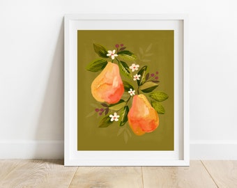 Botanical Pears 8 X 10 Art Print/ Autumn Fruit With Flowers Illustration/ Modern Farmhouse Kitchen Wall Decor