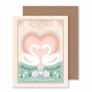 Pastel Schwäne Hochzeitskarte / 4.25 "X 5.5" Blush und Mint Vögel Notecard / Lifetime of Love Grußkarte