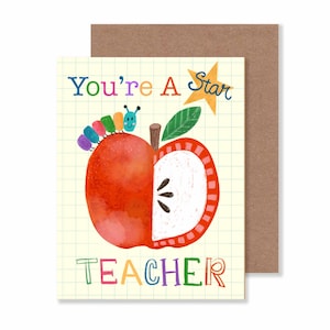 Cartão de felicitações "Professor Estrela" 4,25" x 5,5" / Cartão de agradecimento ao professor "Maçã com lagarta" / Papelaria para o retorno às aulas