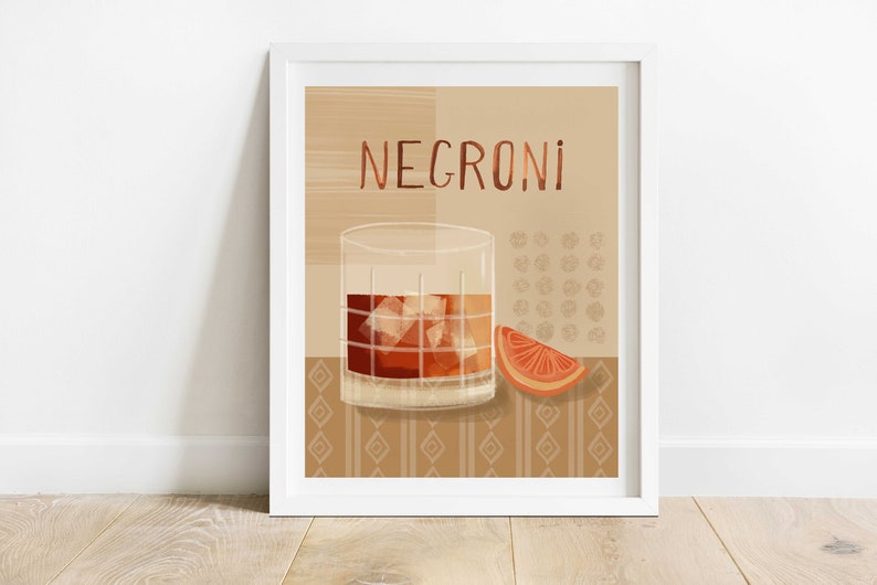 Negroni 8 X 10 Bar Cart Print/ Classic Italian Cocktail Art/ Food and Drink Illustration/ Minimalist Bar Wall Decor image 1