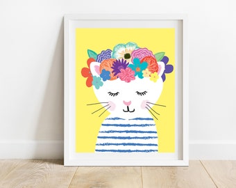 Cat With Floral Crown 8 X 10 Multicolored Art Print/ Children's Room Decor/ Kitten Wall Art/ Animal Illustration/ Cat and Flowers Print