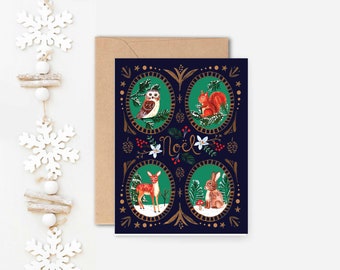 Woodland Creatures Vintage Inspired Christmas Card, 4.25" X 5.5" Illustrated Noel Holiday Stationery, Blank Christmas Card Set