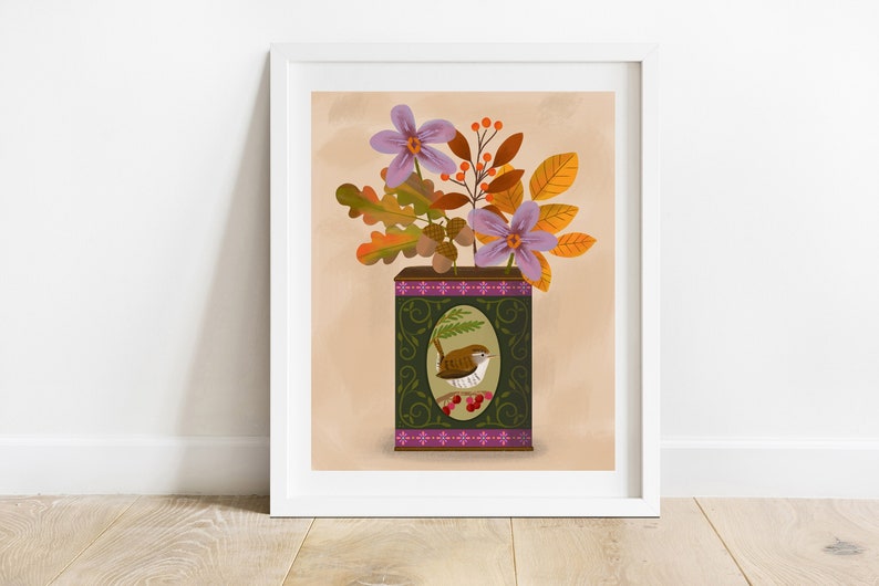 Autumn Botanicals In Vintage Tea Tin 8X10 Art Print/ Wren With Flowers Illustration/ Cottage Core Decor/ Modern Woodland Wall Art image 1