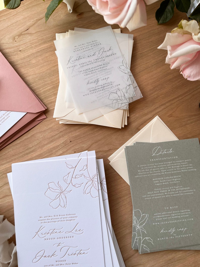Minimal Floral Wedding Suite, Line Art Floral Invite, Letterpress Wedding Invite, Formal Wedding Invite, Black Tie Wedding Invite SAMPLE image 5