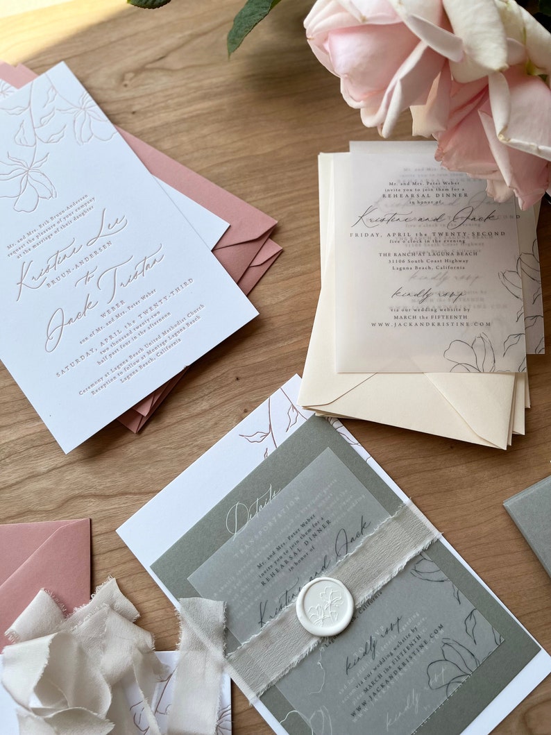 Minimal Floral Wedding Suite, Line Art Floral Invite, Letterpress Wedding Invite, Formal Wedding Invite, Black Tie Wedding Invite SAMPLE image 4