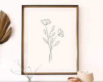 Floral Line Art, Minimal Botanical Sketch, Botanical Wall Art, Floral Home Decor, Floral Art Print, Modern Wall Art, - Instant Download