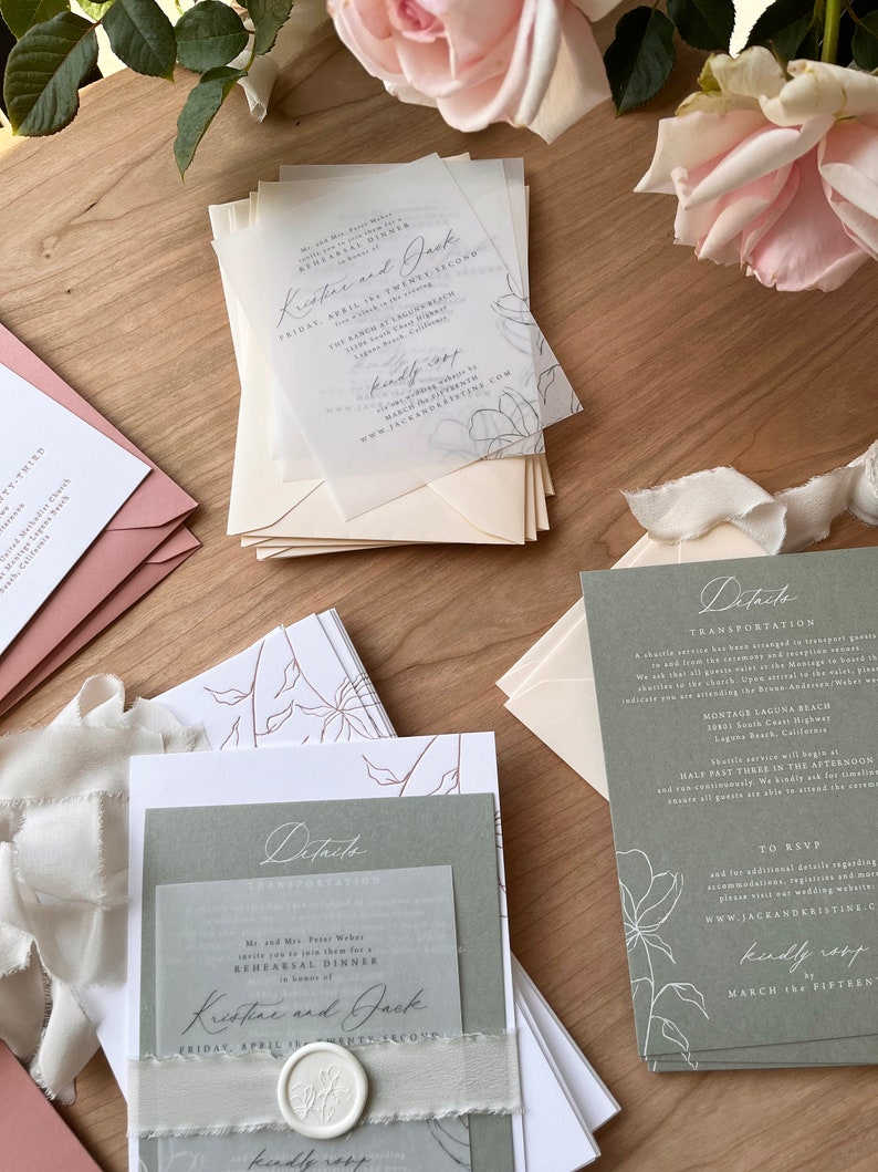 Minimal Floral Wedding Suite, Line Art Floral Invite, Letterpress Wedding Invite, Formal Wedding Invite, Black Tie Wedding Invite SAMPLE image 3