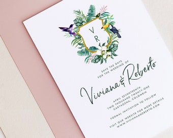 Tropical Save the Date, Destination Wedding Save the Date, Toucan, Hummingbird, Destination Wedding, Save the Date - SAMPLE