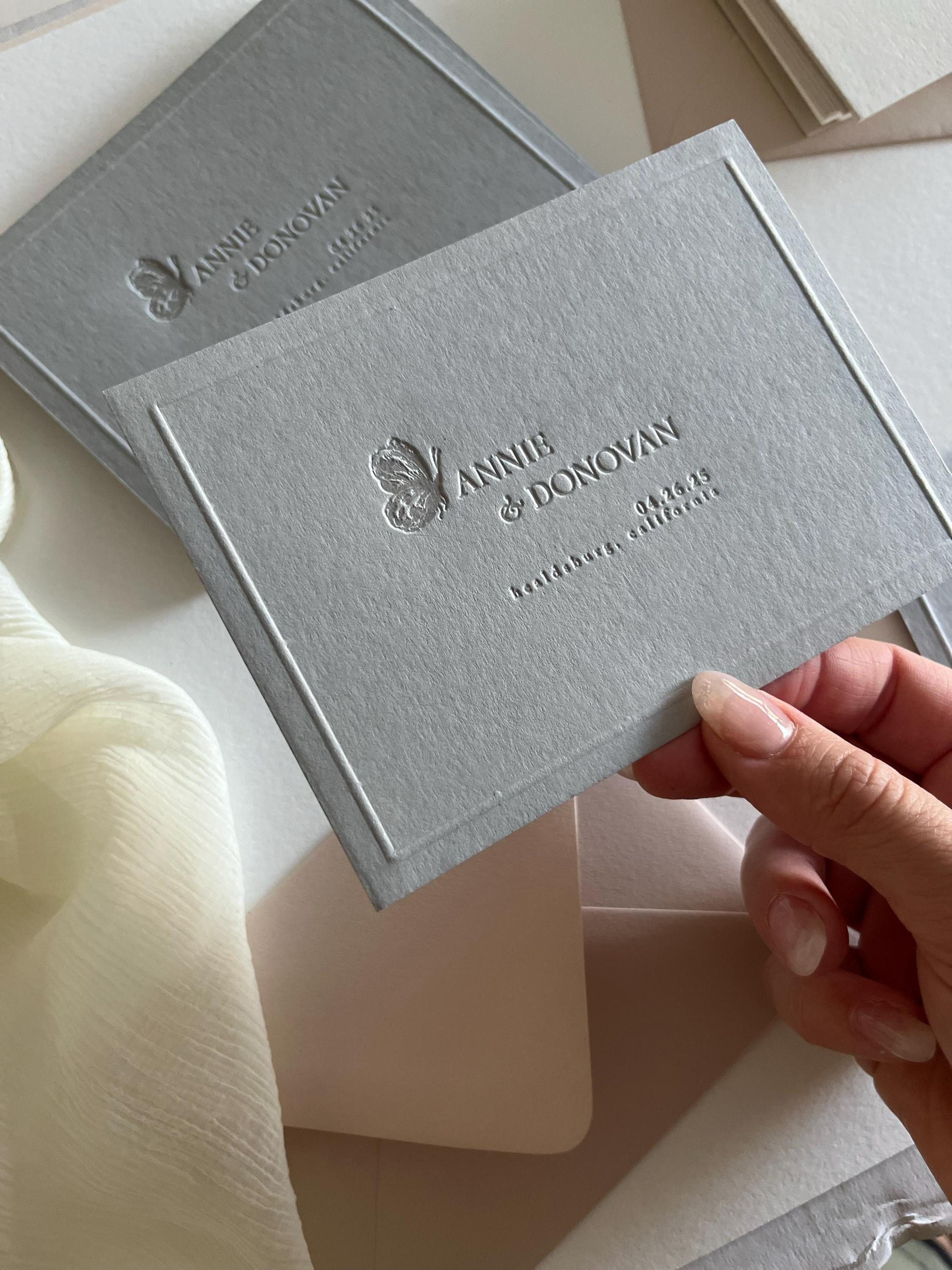 Tonal letterpress and embossed save the date, butterfly modern save the date, letterpress save the date, embossed invite - SAMPLE