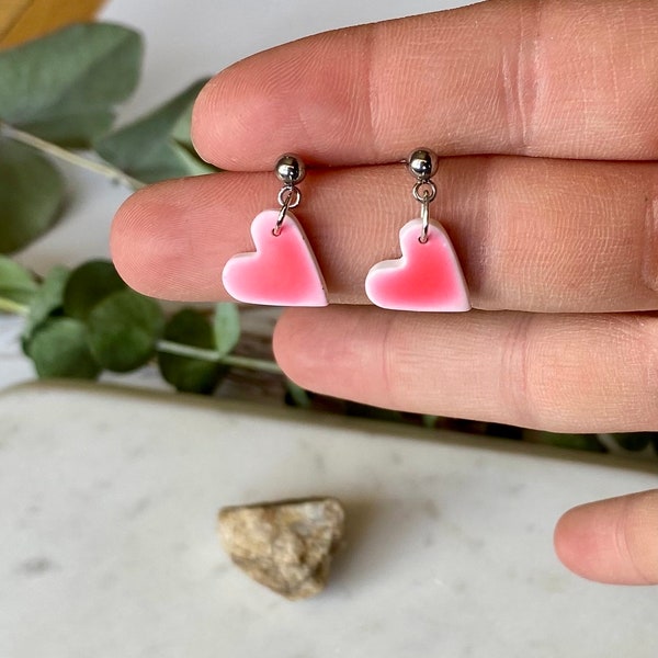 Small Bright pink heart earrings on silver| heart earrings | ceramic look heart earrings | glazed heart earrings