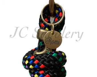 May include: A black and multicolored rope with a brass clasp and ring. A small, round brass tag with the name "Romi" is attached. The rope is woven with red, yellow, green, and purple squares.