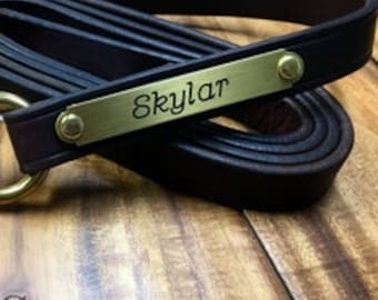 Leather Lead Rope with Custom Engraved Plate - Made in the USA