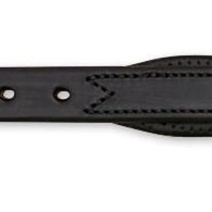 May include: A black leather strap with a padded center section and a series of evenly spaced holes. The strap has decorative stitching along the edges and at the ends, and is likely part of a larger equestrian product.