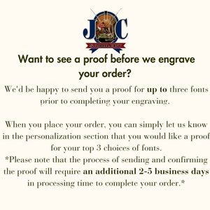 May include: Cream-colored graphic with text: "Want to see a proof before we engrave your order?" and details about proofs for up to three fonts before engraving. Includes logo for JC Saddlery.