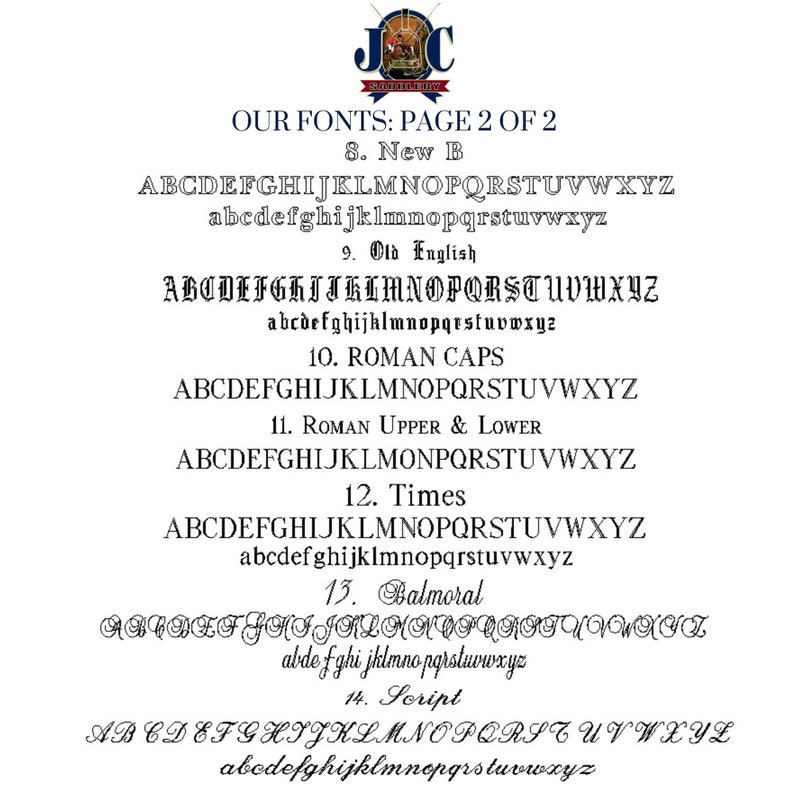 May include: A page displaying various font styles, including New B, Old English, Roman Caps, Roman Upper & Lower, Times, Balmoral, and Script. The text includes uppercase and lowercase alphabets for each font, with a logo at the top.