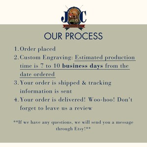 May include: A graphic with the text "OUR PROCESS" and a list of steps: order placed, custom engraving, shipping, and delivery. The estimated production time is 7 to 10 business days.