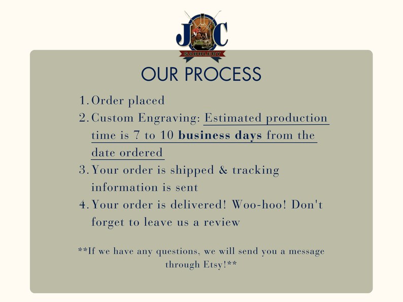 May include: A graphic with the text "OUR PROCESS" and a list of steps: order placed, custom engraving, shipping, and delivery. The estimated production time is 7 to 10 business days.